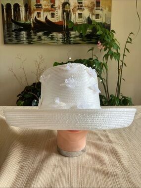 Elegant White Satin Ribbon Wide-Brim White Beaded Floral Accent Hat